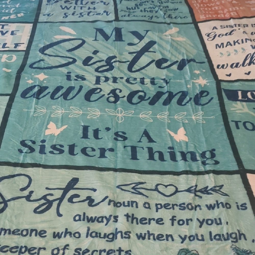 Sister Themed Blue and Tan Blanket New